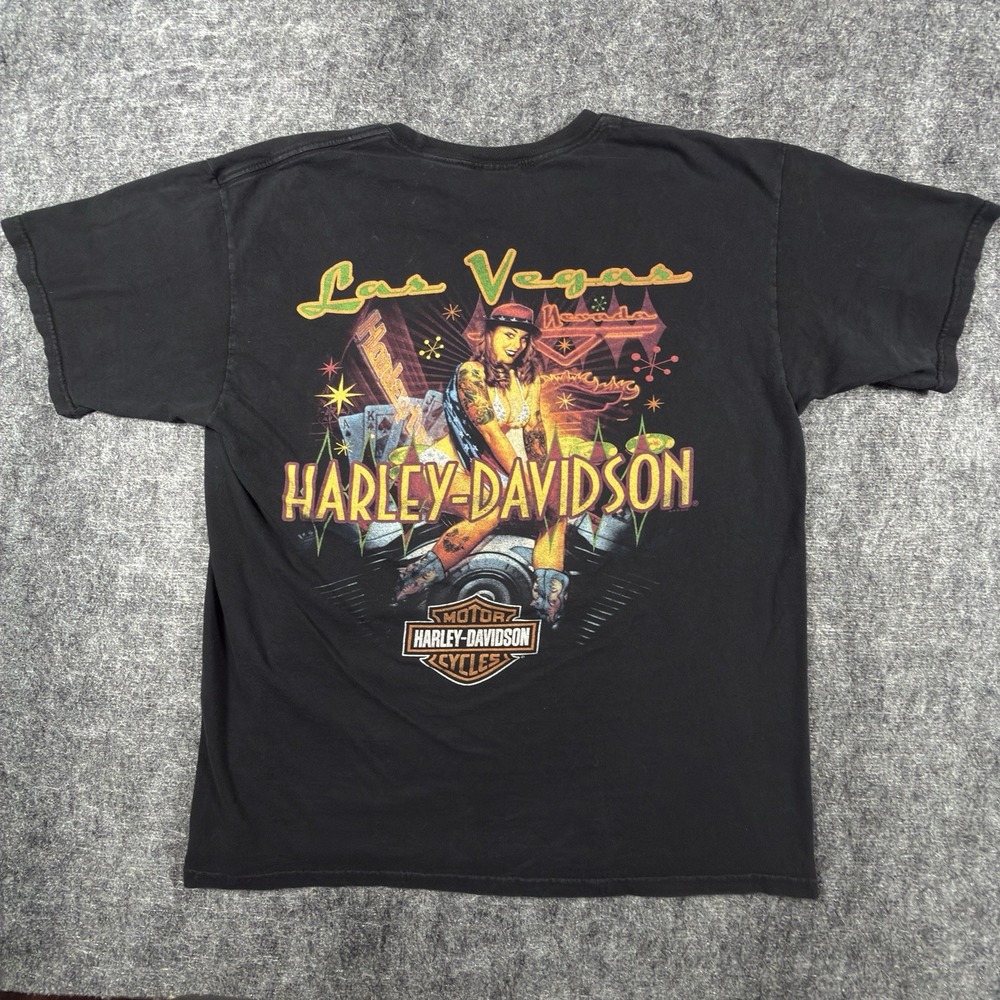 Harley-Davidson T Shirt Men's L Black Las Vegas Pinup Casino Graphic Y2K 2009